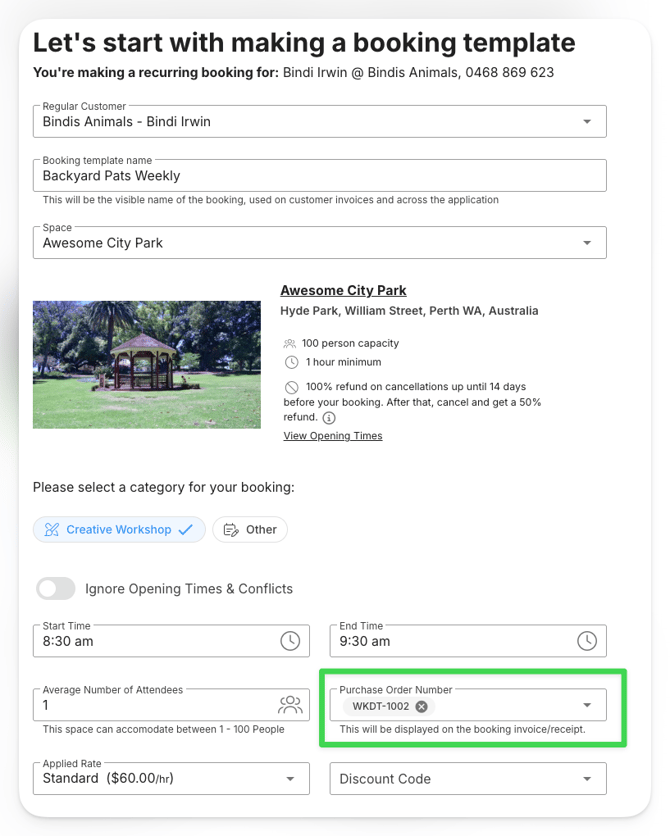 Purchase Order Numbers can be edited as part of booking templates