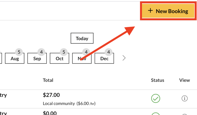 Screengrab of +New Booking button